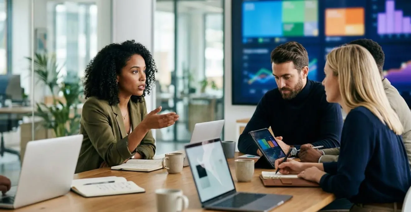 Strategic business meeting analyzing cost per acquisition metrics on digital dashboards