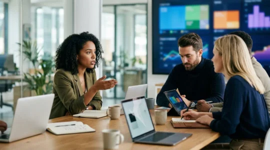 Strategic business meeting analyzing cost per acquisition metrics on digital dashboards