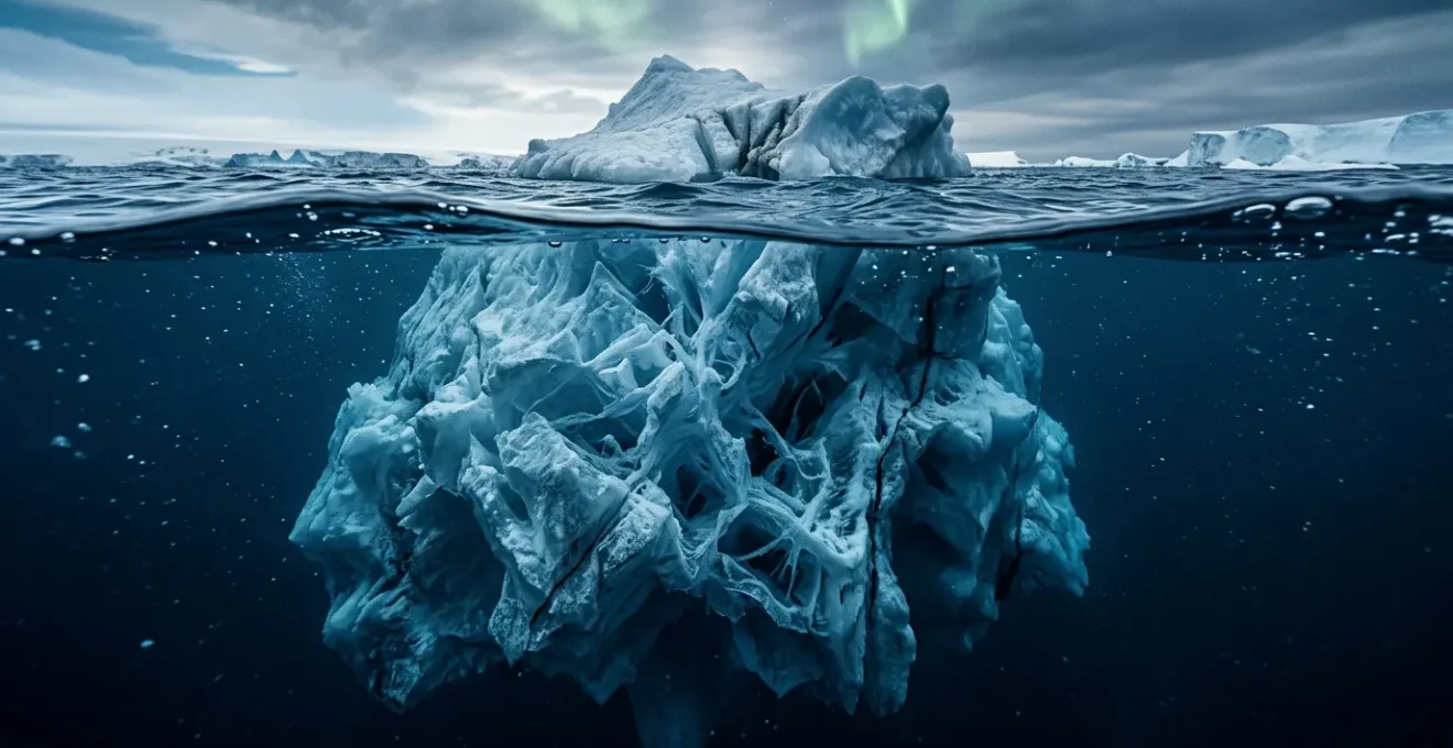 Dramatic underwater view of an iceberg showing massive hidden technical SEO errors beneath surface