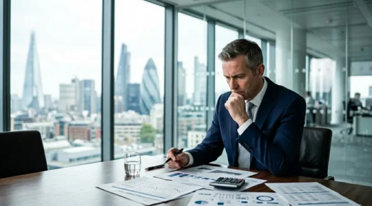 UK business executive in London office evaluating SEO investment choices