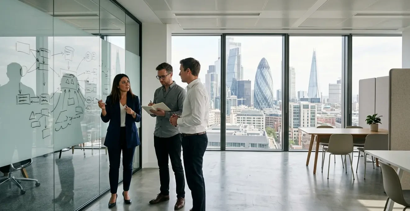 Strategic visualization of UK consultancy lead conversion featuring professionals analyzing conversion funnels and data dashboards in a modern British business environment