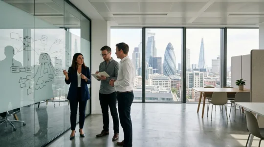 Strategic visualization of UK consultancy lead conversion featuring professionals analyzing conversion funnels and data dashboards in a modern British business environment