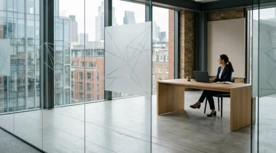 UK business consultant at modern desk contemplating digital advertising strategy