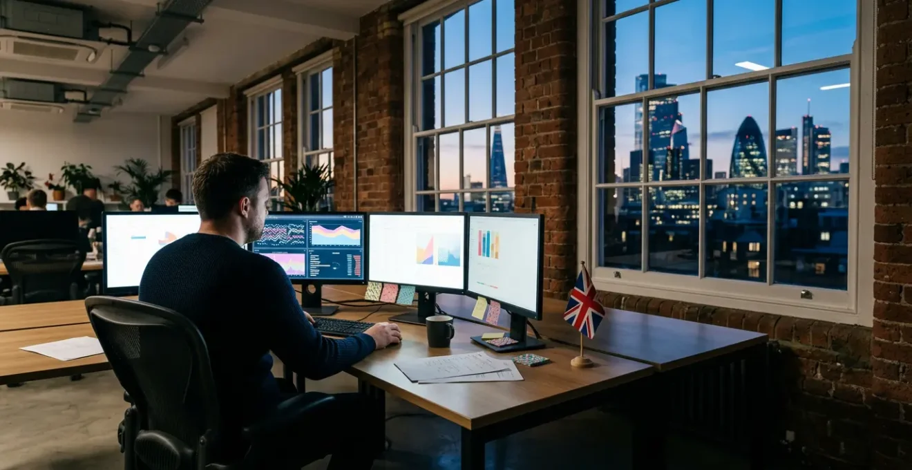 UK e-commerce manager analyzing real-time KPI dashboards during peak shopping season