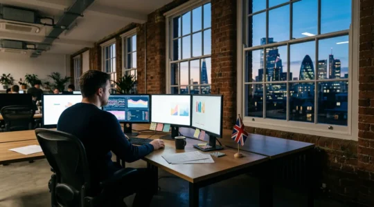 UK e-commerce manager analyzing real-time KPI dashboards during peak shopping season