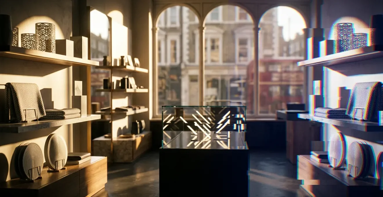 Split scene showing UK retail environment with subtle digital glitch effects overlaying physical store