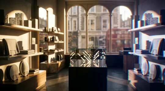 Split scene showing UK retail environment with subtle digital glitch effects overlaying physical store