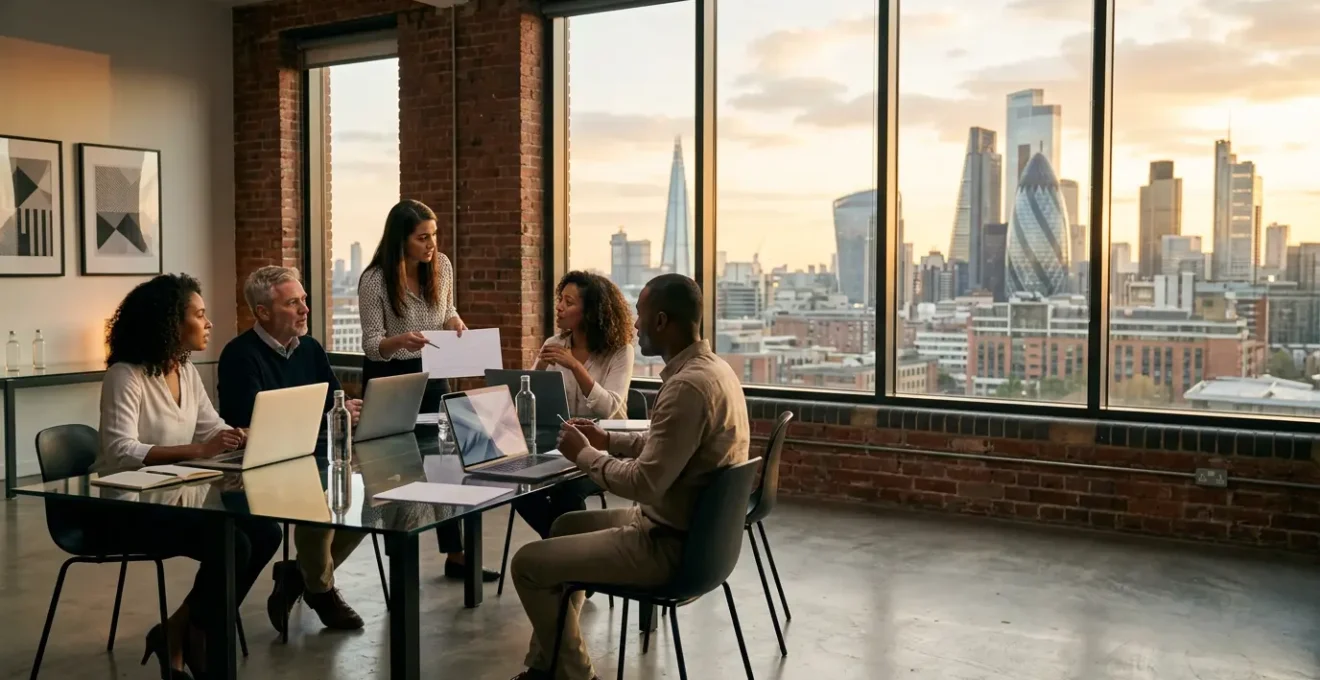 Modern UK office showing growth metrics and team collaboration for SaaS scaling