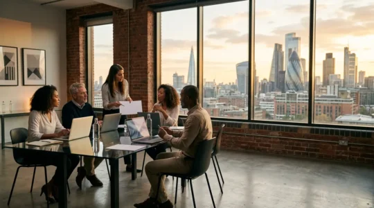 Modern UK office showing growth metrics and team collaboration for SaaS scaling