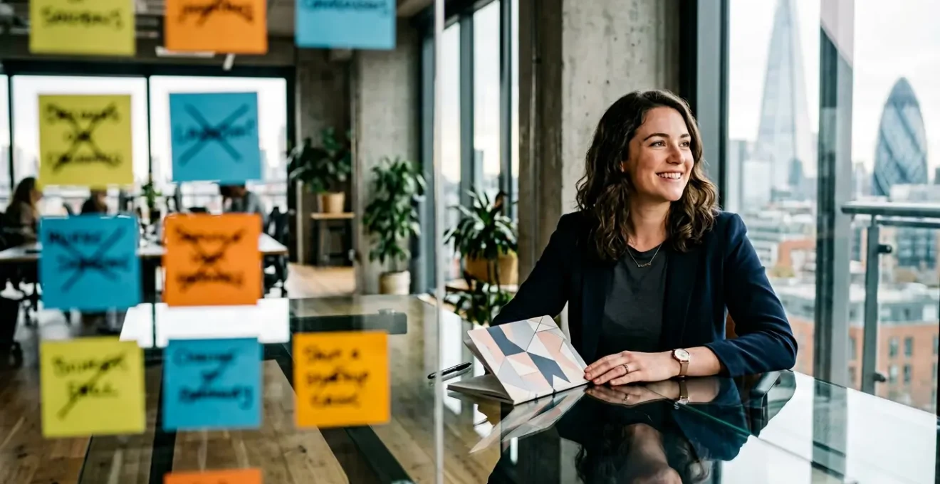 Split composition showing UK startup founder transitioning from confusion to clarity in brand messaging