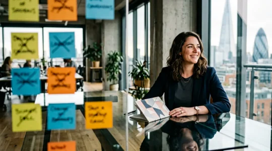 Split composition showing UK startup founder transitioning from confusion to clarity in brand messaging