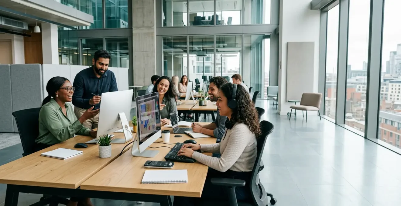 Professional office environment showing diverse team reviewing accessibility guidelines on computer screens