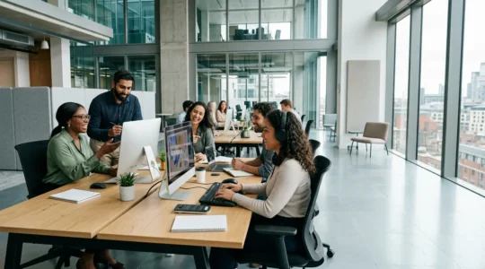 Professional office environment showing diverse team reviewing accessibility guidelines on computer screens