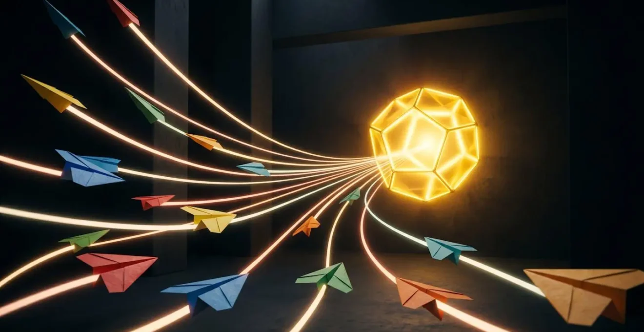 Abstract visualization of redirected pathways converging into positive outcomes