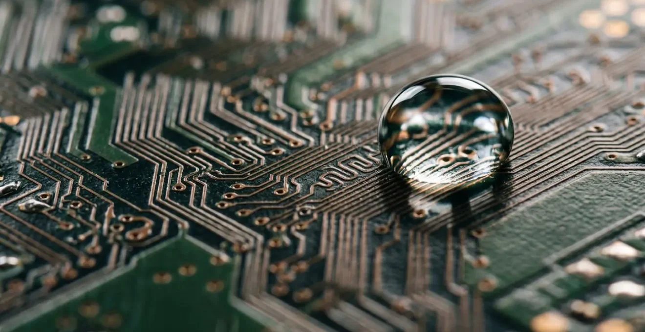 Macro shot of water droplet forming on a circuit board surface, showing simplicity emerging from complexity