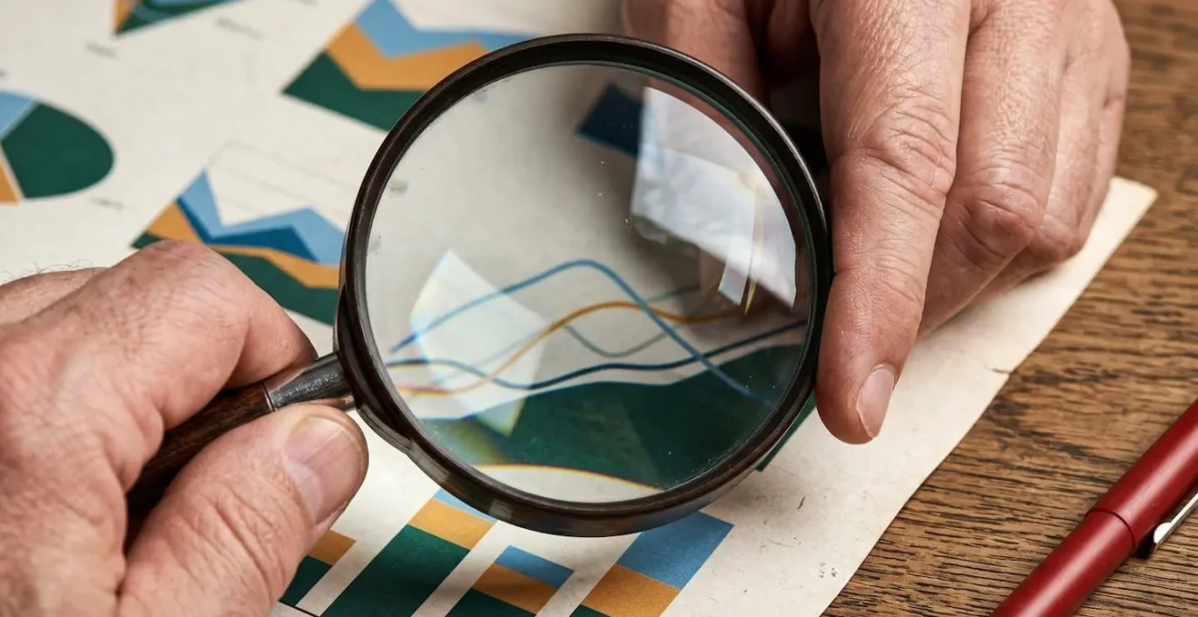 Close-up of hands analyzing performance charts on desk