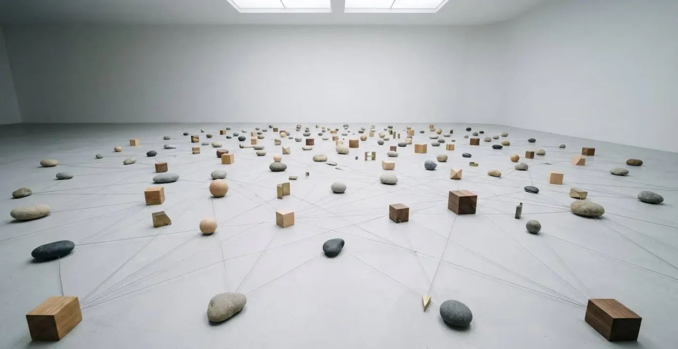 Environmental minimalist photograph of interconnected abstract elements showing natural link distribution
