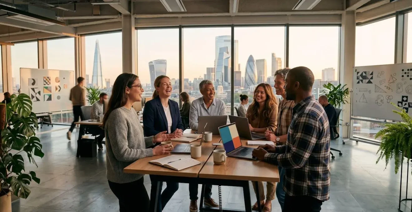 Wide shot of modern UK office space showing human connection in professional B2B environment
