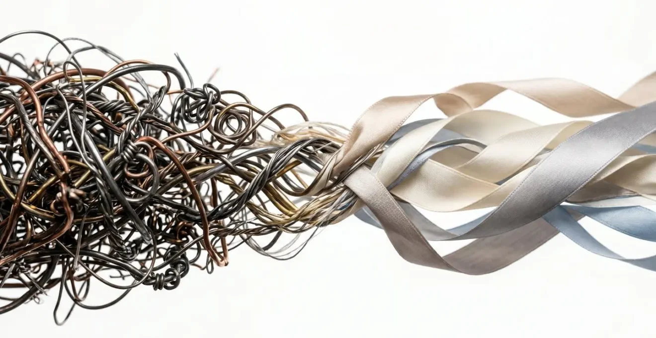 Abstract representation of mental strain through tangled geometric patterns becoming simplified
