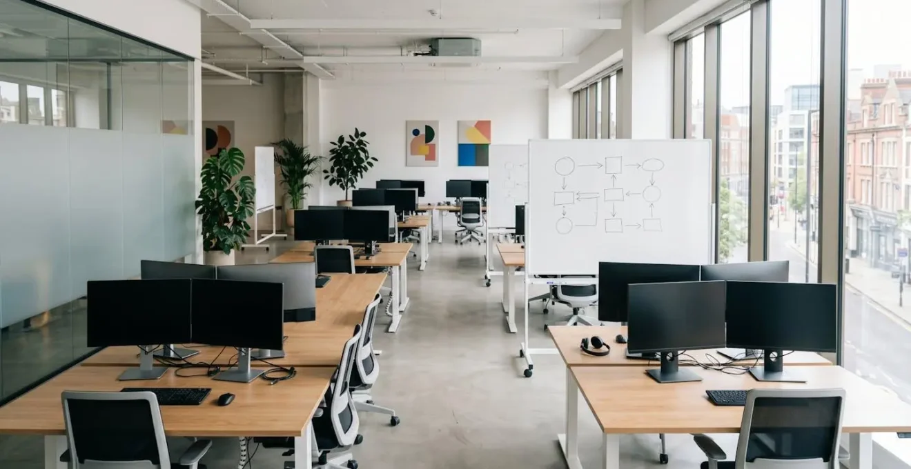 Modern UK office workspace showing team collaboration setup