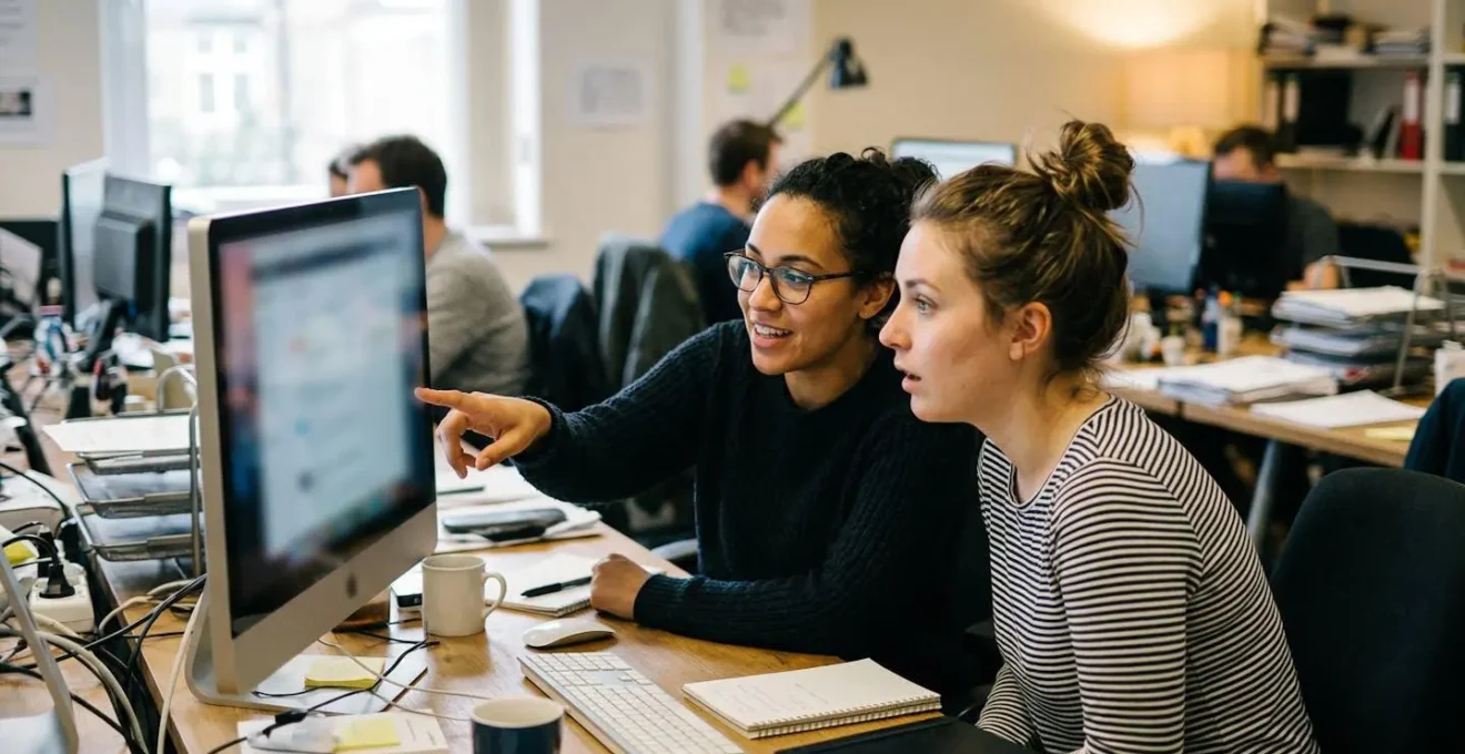 Two colleagues leaning toward a monitor screen in a casual office environment with natural window lighting