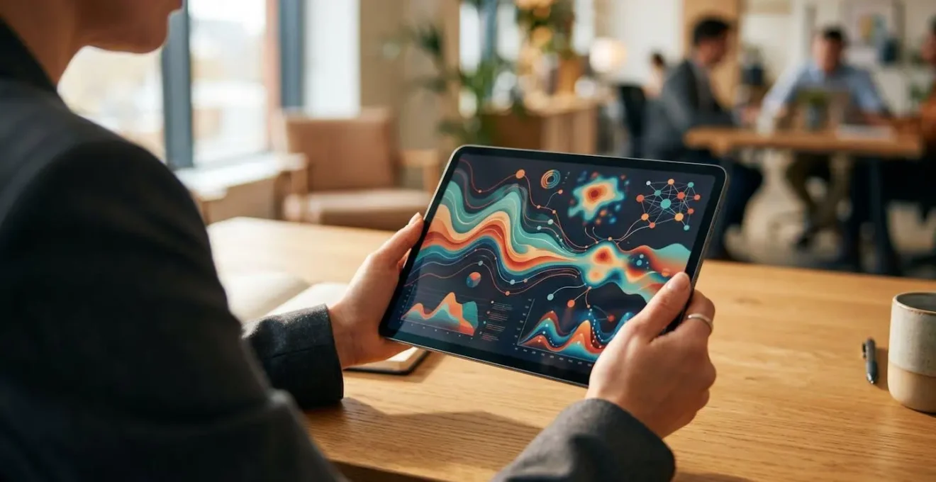 Close-up of hands analyzing competitor sentiment data on tablet with blurred office background