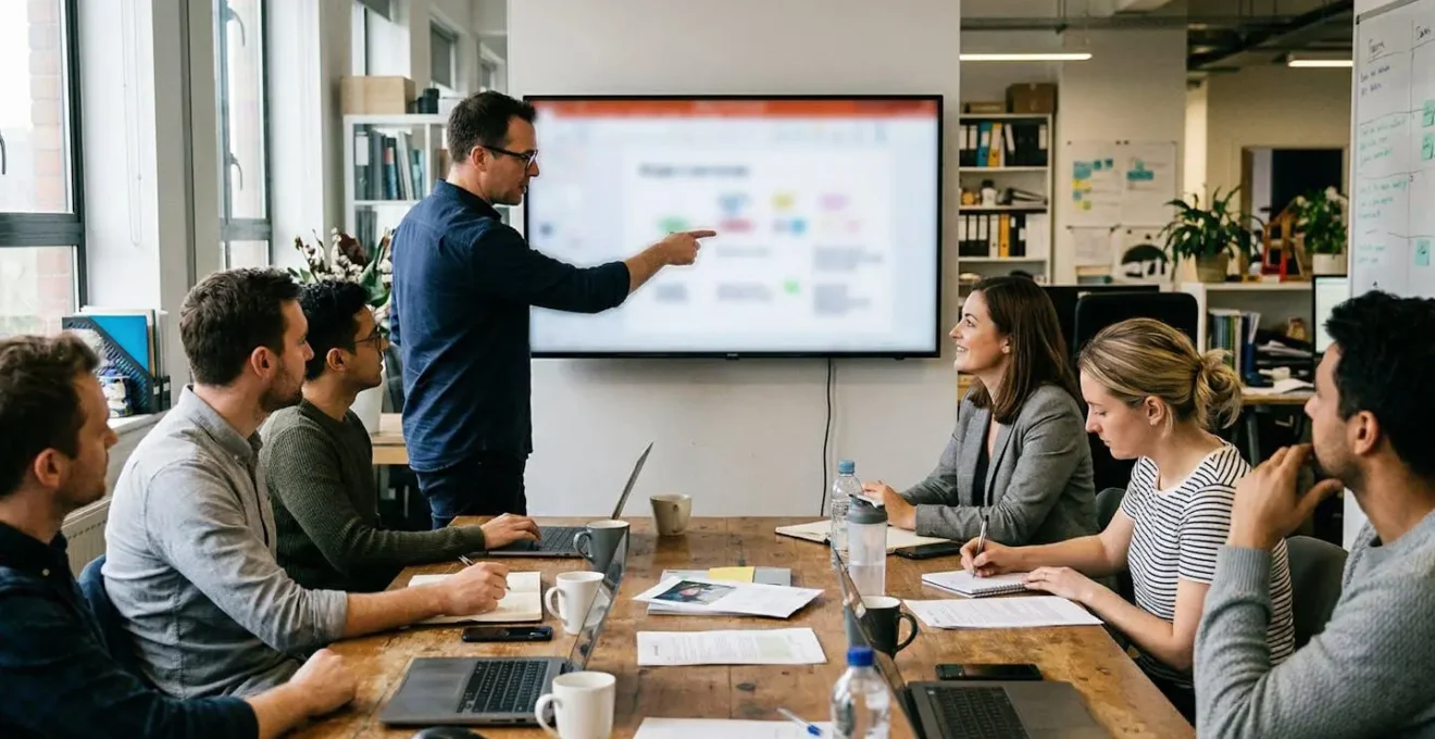 Team gathered around a conference table with one person gesturing toward a wall-mounted display in mixed office lighting