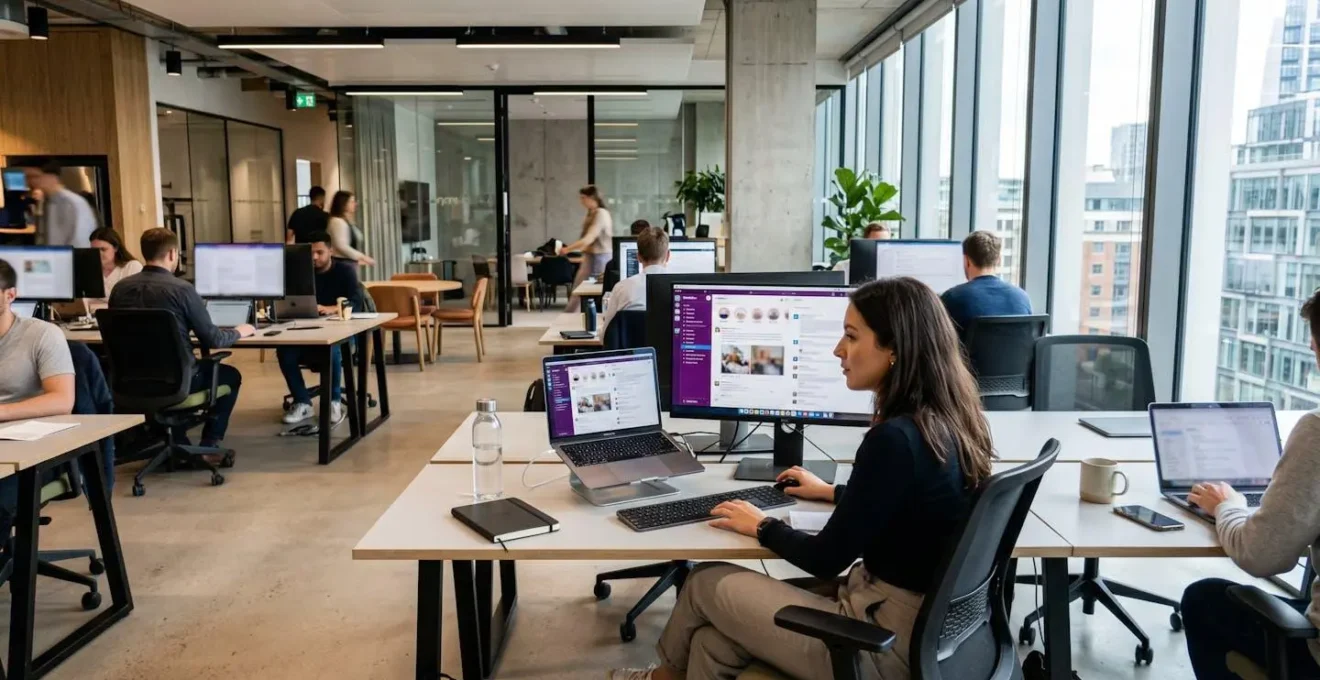 Wide view of a modern content creation workspace with multiple computer screens displaying different social media platforms