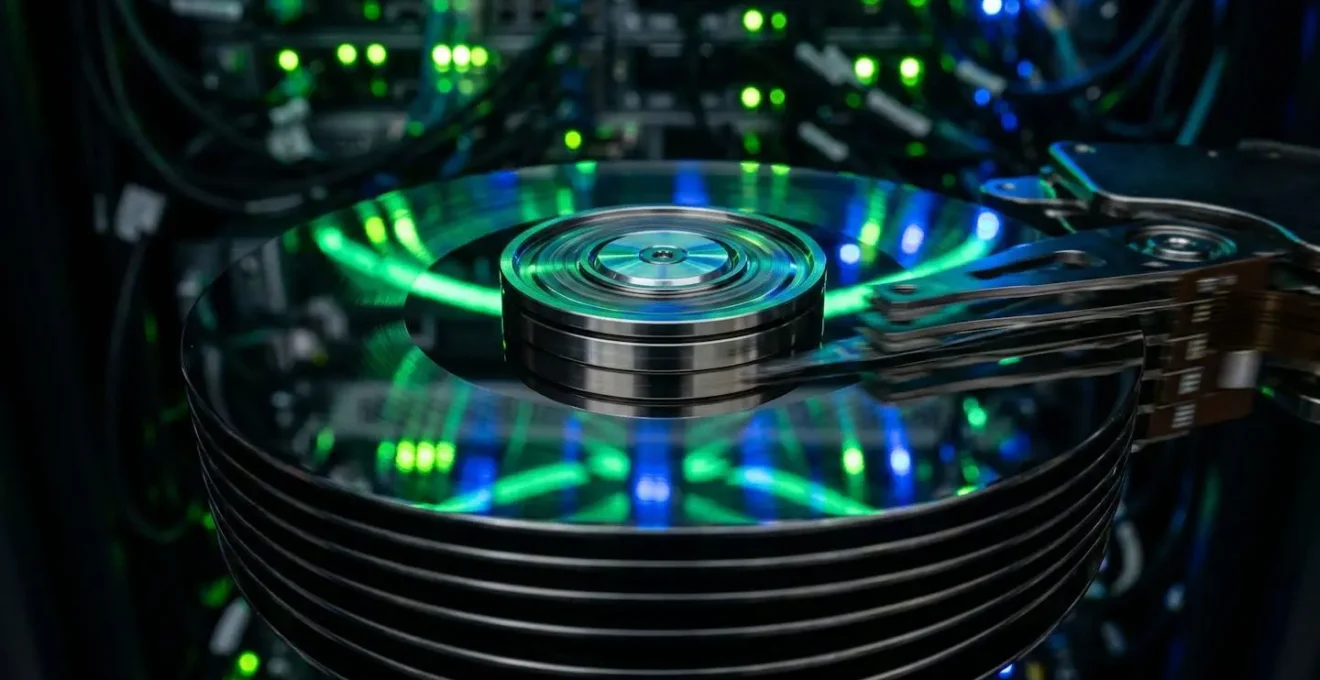 Macro shot of server hard drive platters with abstract light patterns representing data flow efficiency