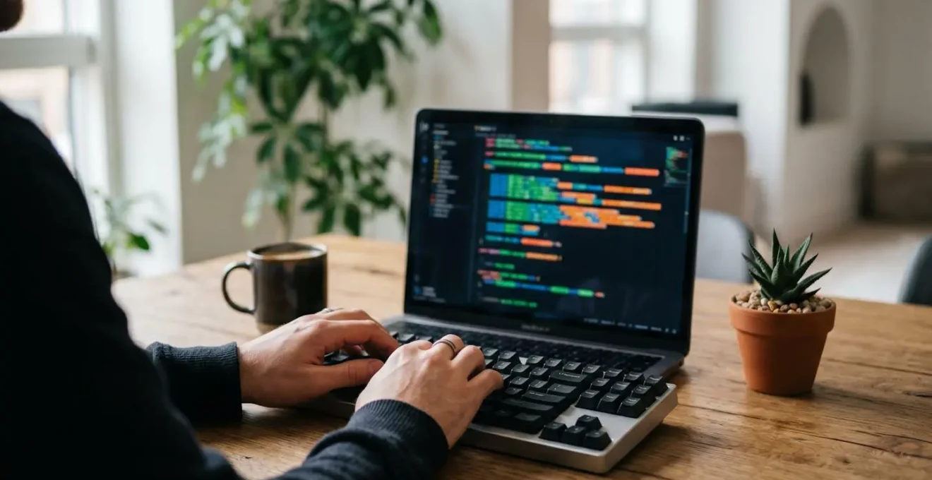 Developer's hands on keyboard with laptop showing code editor and browser tools, surrounded by minimalist workspace