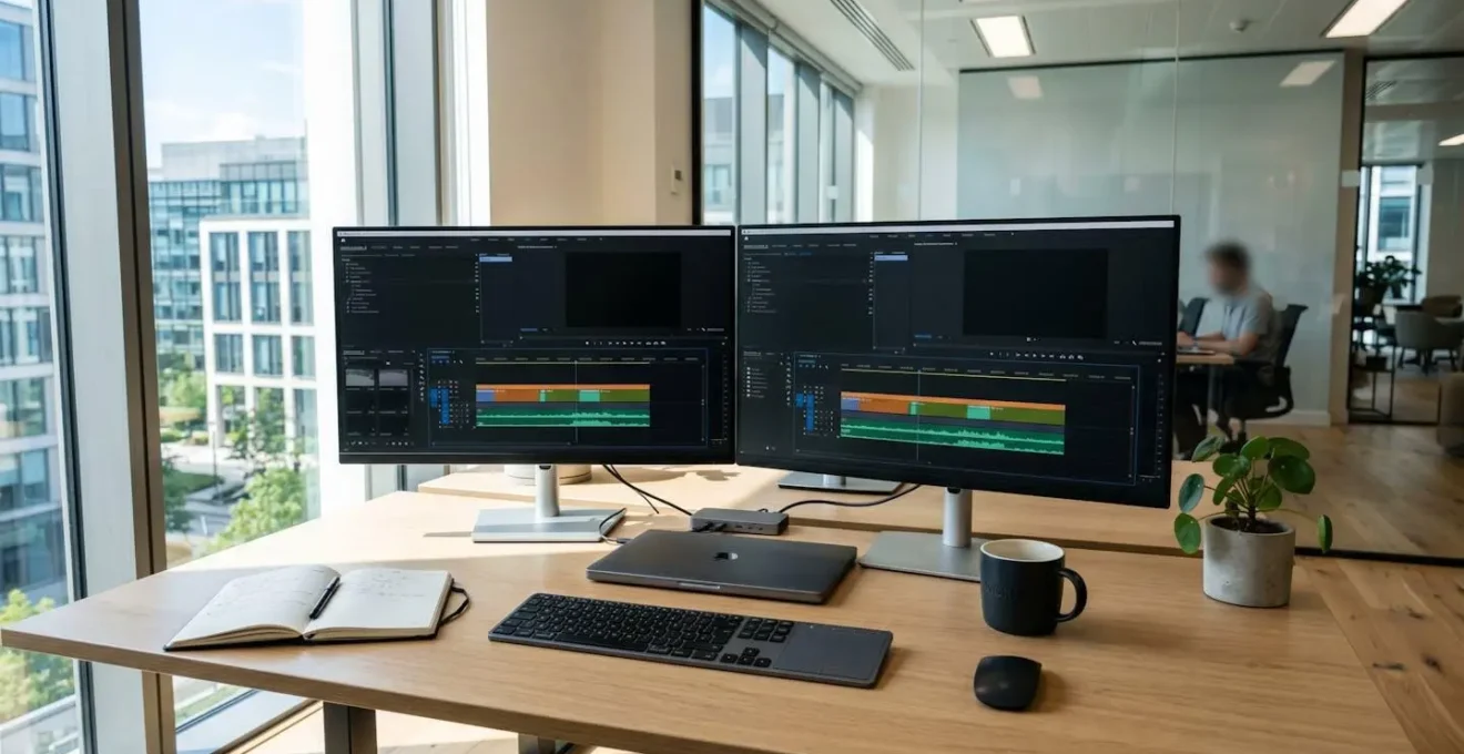 Clean contemporary office desk with two large monitors displaying a video editing interface showing multiple language subtitle tracks in an organised workspace