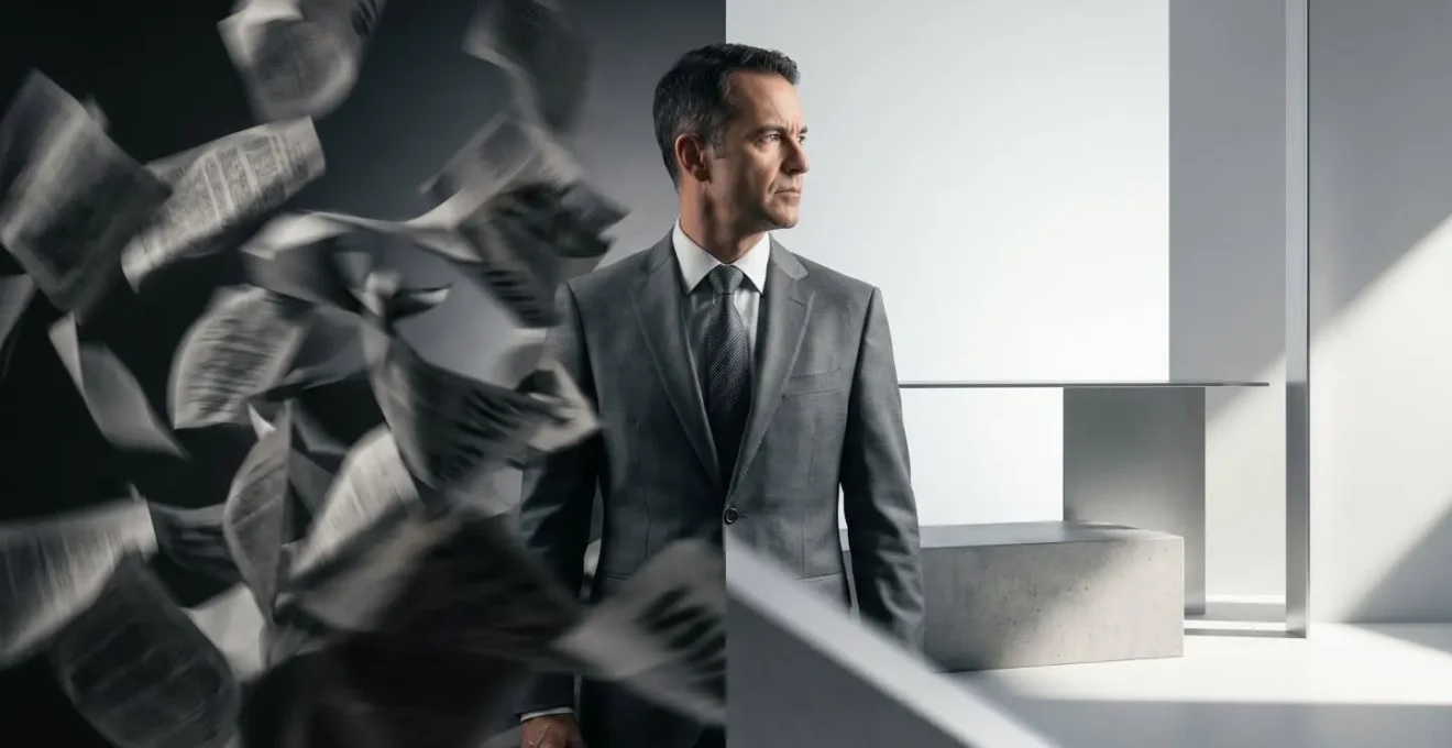Business executive transitioning from chaos to clarity through visual metaphor