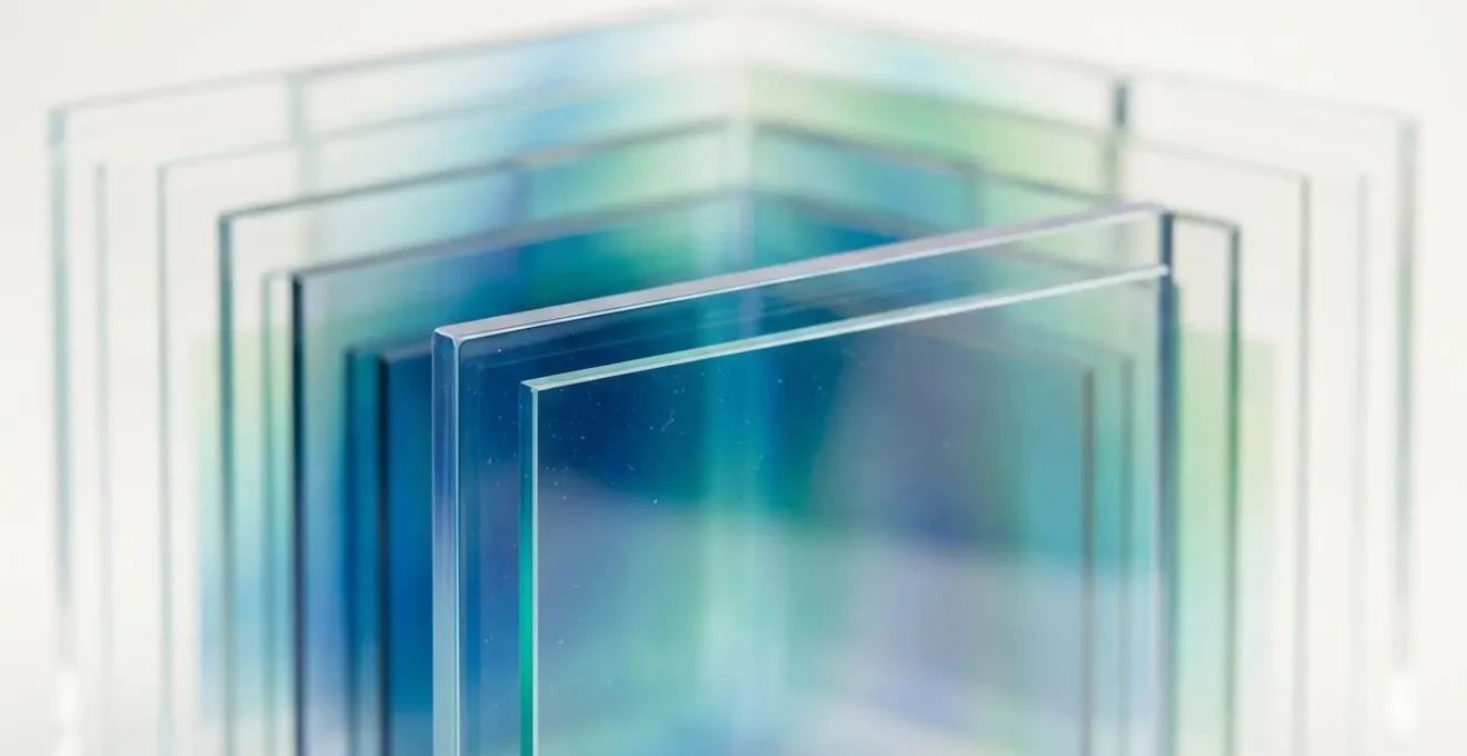Macro photography of layered transparent glass panels creating visual hierarchy