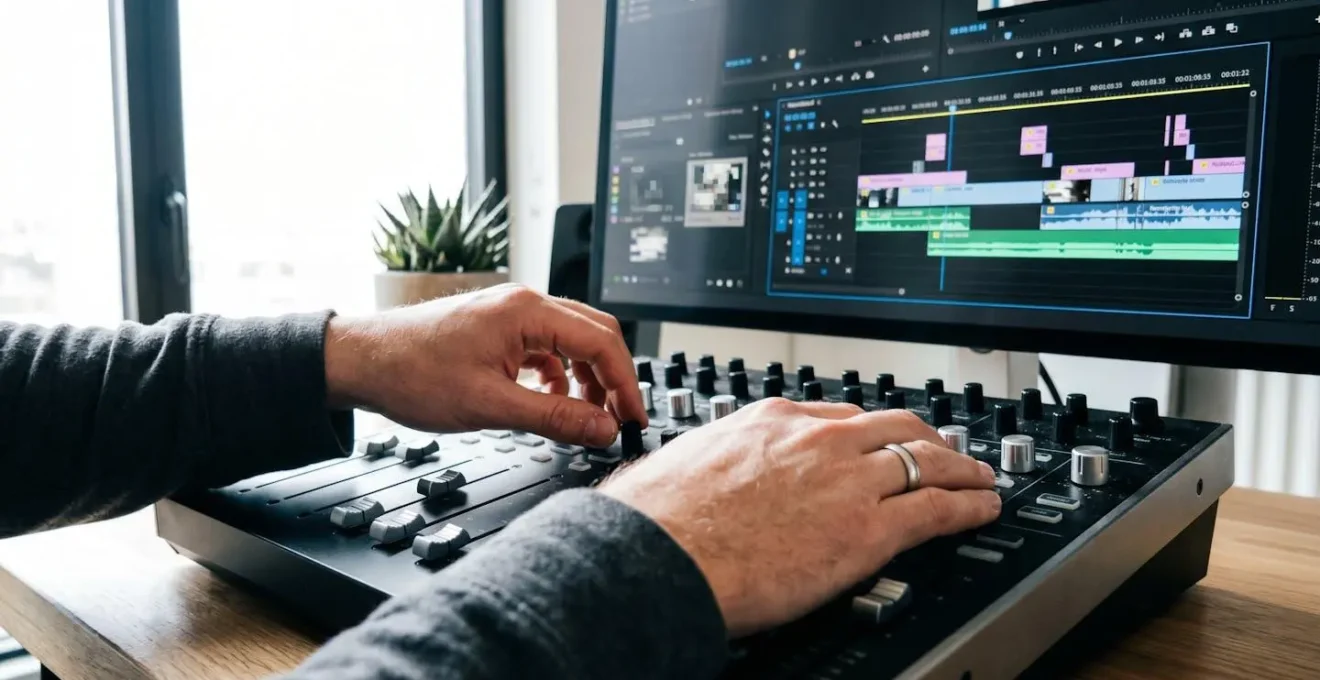 Close-up view of hands using a computer mouse to adjust the timeline slider on a video editing interface