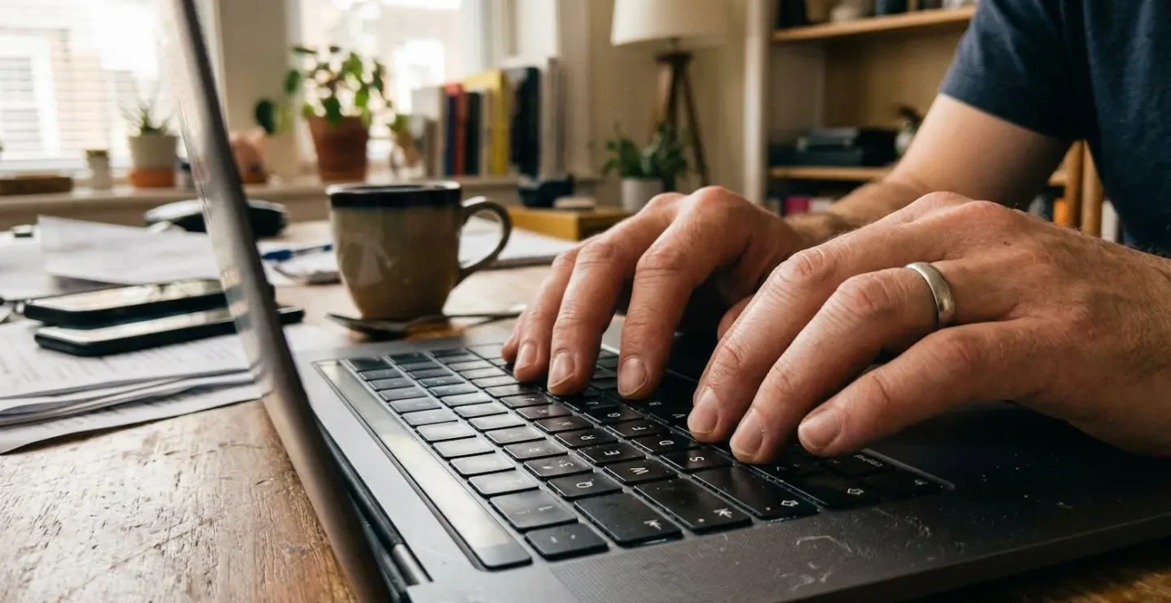 Close-up of hands resting on a laptop keyboard in a casual home office setting, morning light casting warm shadows across a wooden desk with a coffee cup nearby