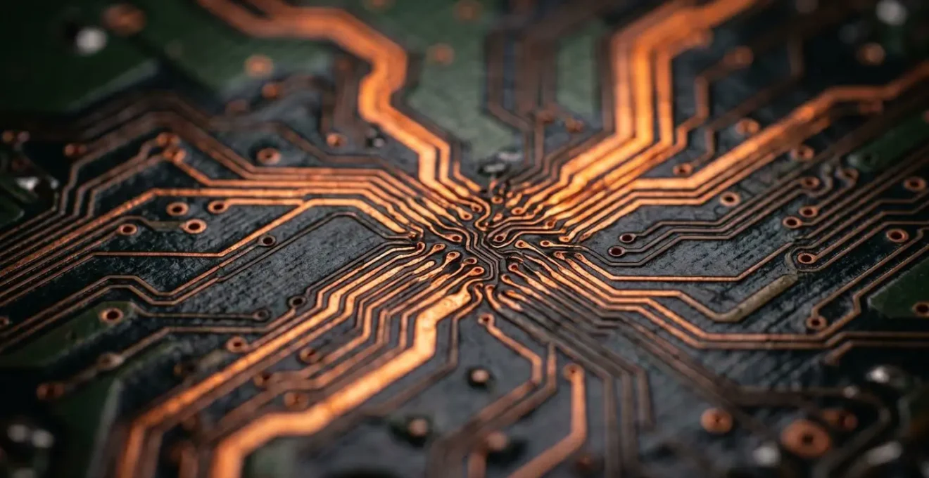 Extreme close-up of circuit board pathways showing congestion at junction points