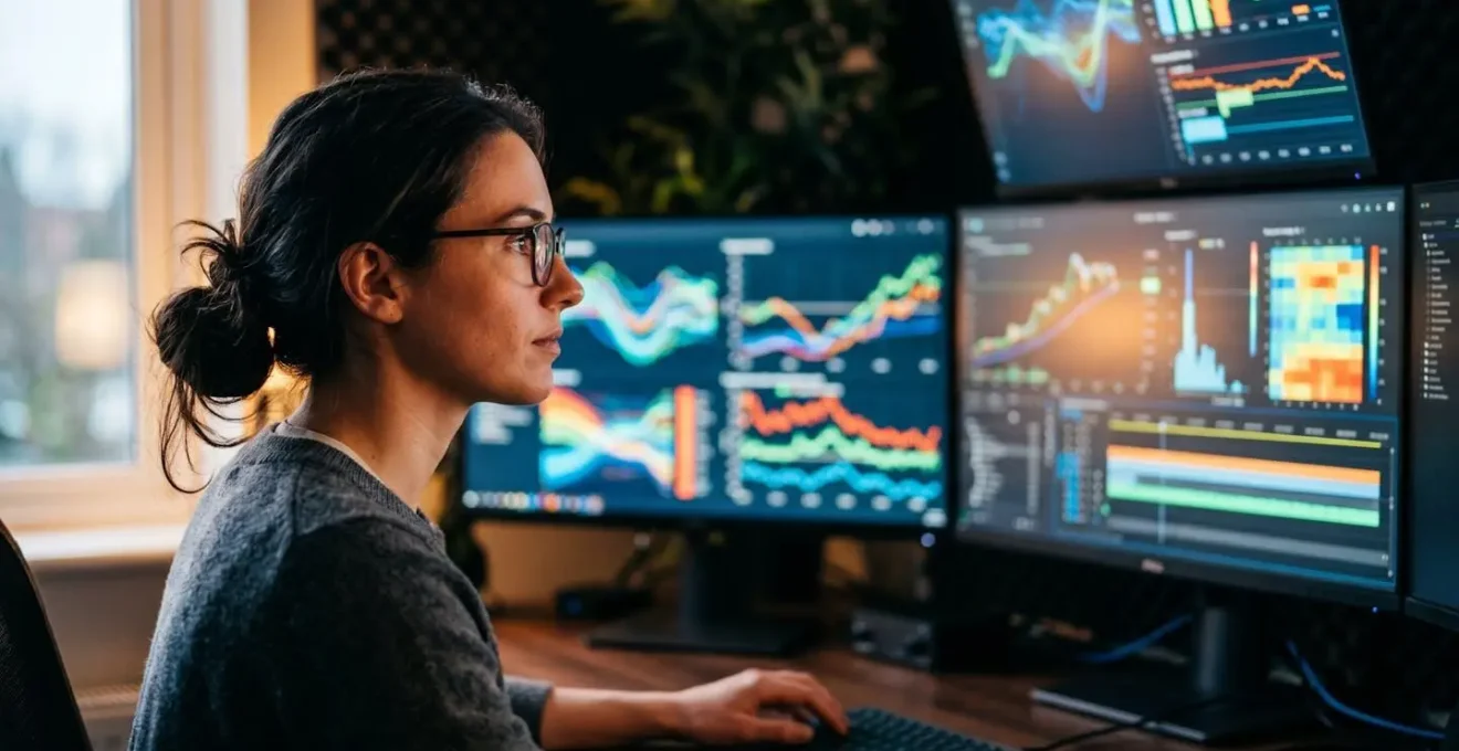 Developer analyzing performance metrics on multiple screens showing Chrome DevTools waterfall charts