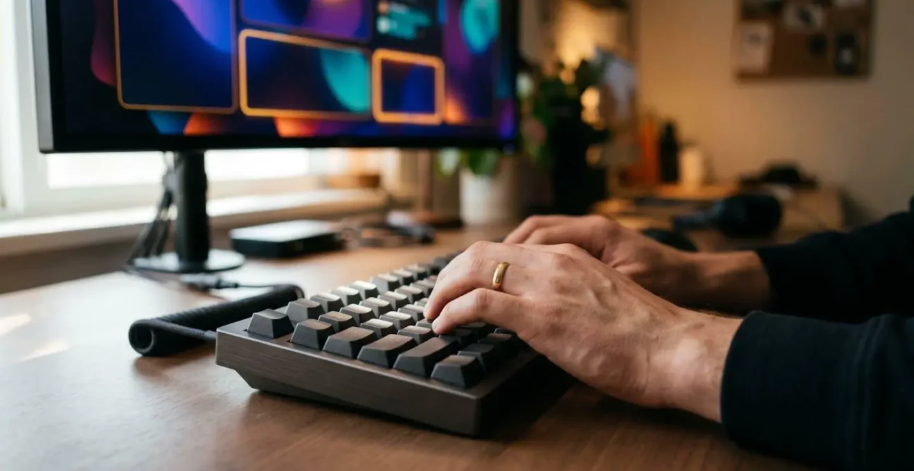 Close-up of hands navigating a keyboard, with visible focus states on the screen interface in the background.