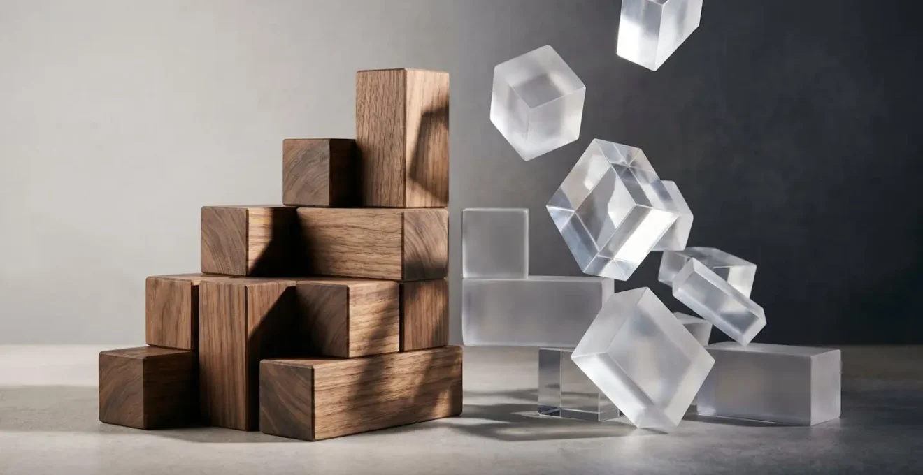 An abstract composition showing stable geometric shapes on one side, contrasting with shifting, falling elements on the other.