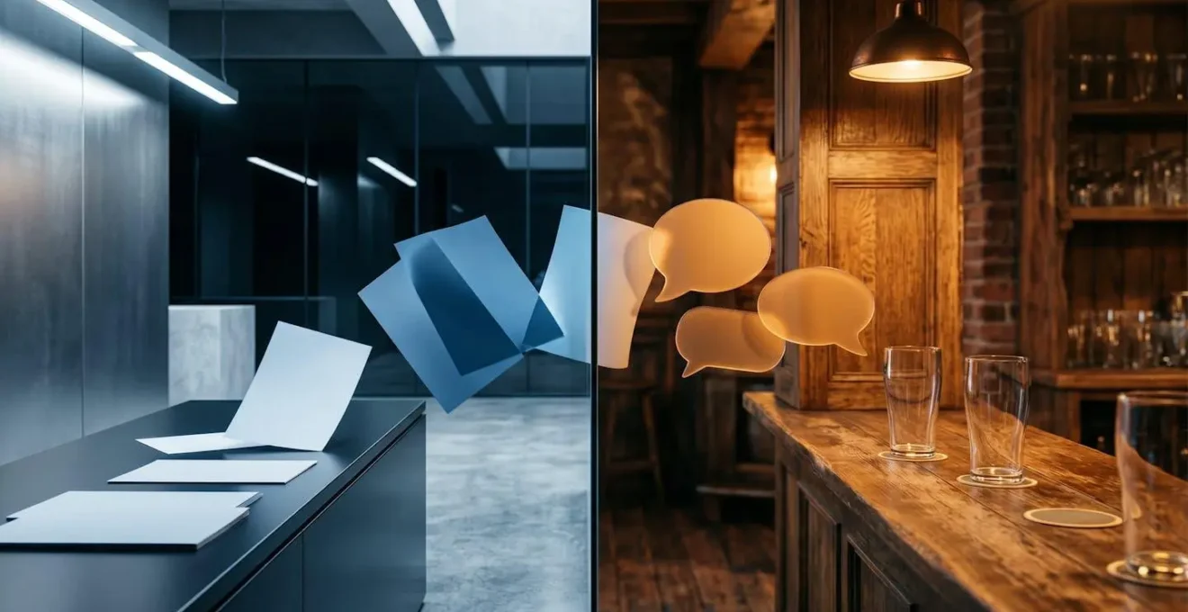 A visual metaphor contrasting a formal corporate message with a relaxed, conversational tone.