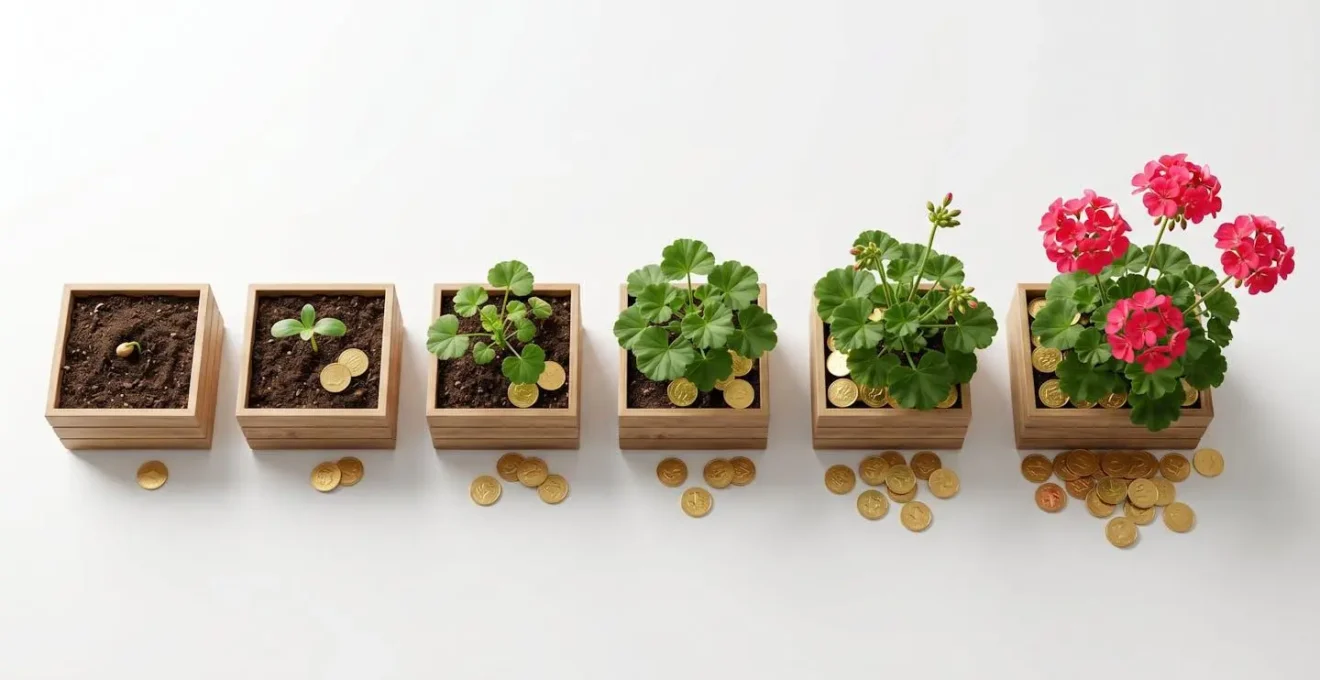 Abstract representation of customer lifetime value growth over time, shown as a plant growing from a seed to a full bloom with coins at its base increasing at each stage