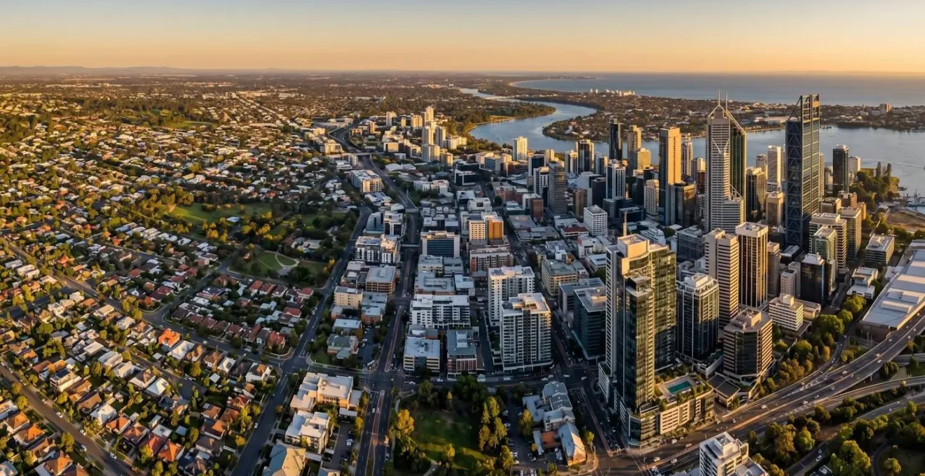 Wide aerial landscape showing business expansion from a few suburban houses to a dense downtown skyline, representing business scaling over time