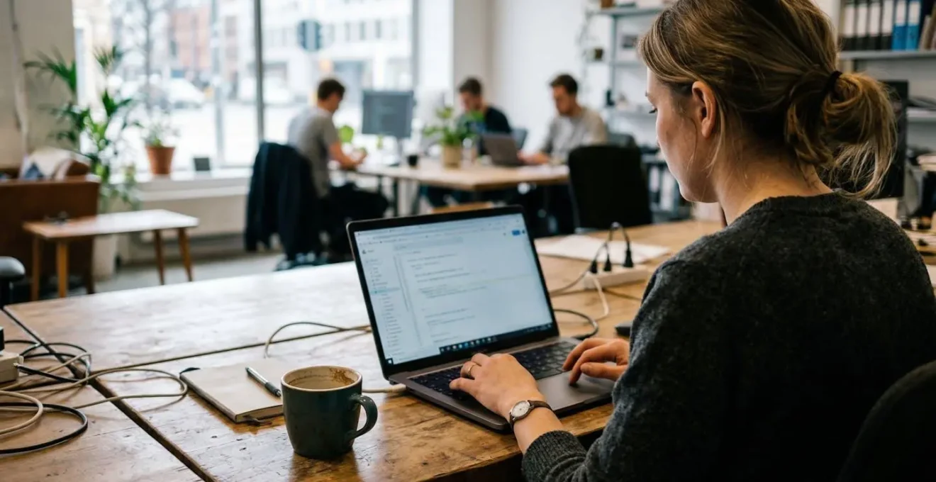 A marketing professional reviews content on a laptop in a bright office space with natural window lighting and a coffee cup nearby