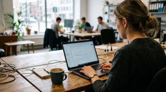 A marketing professional reviews content on a laptop in a bright office space with natural window lighting and a coffee cup nearby