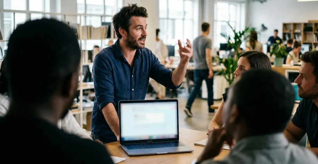 A marketing professional gesturing while presenting to colleagues around a laptop in a modern office space with natural window light