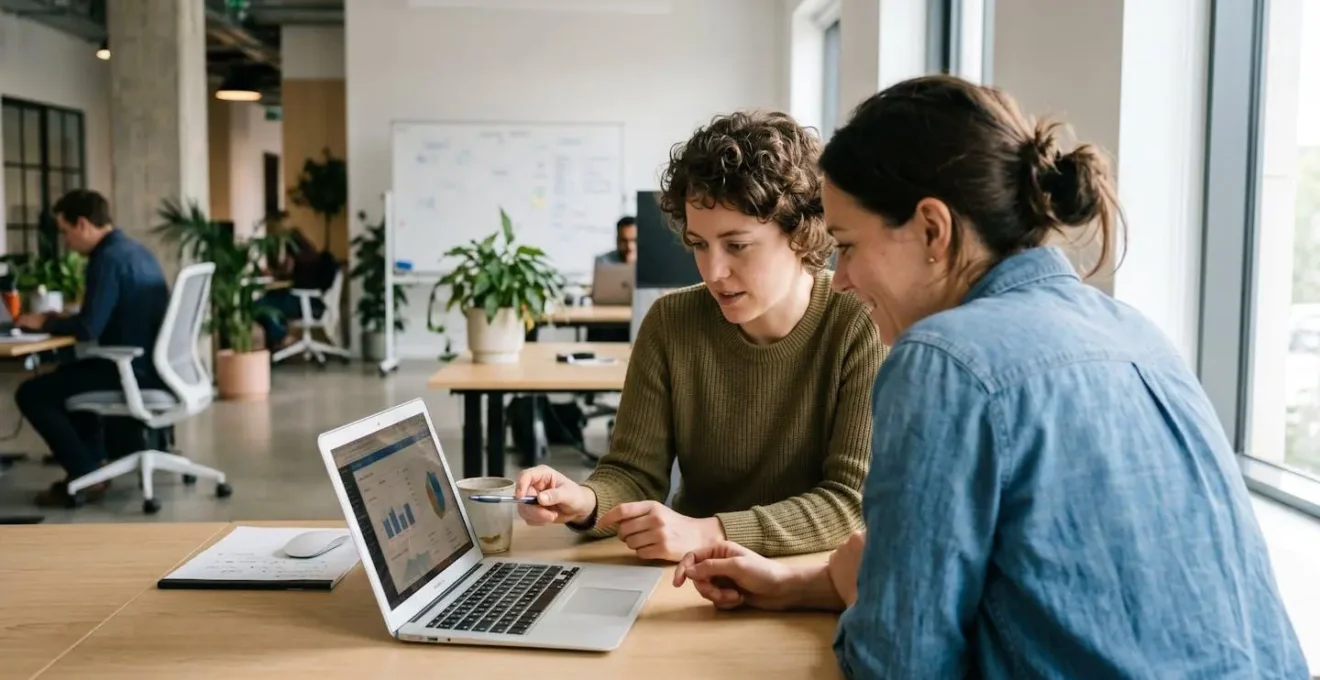 Two marketing professionals reviewing video content together on a laptop screen in a bright modern office space