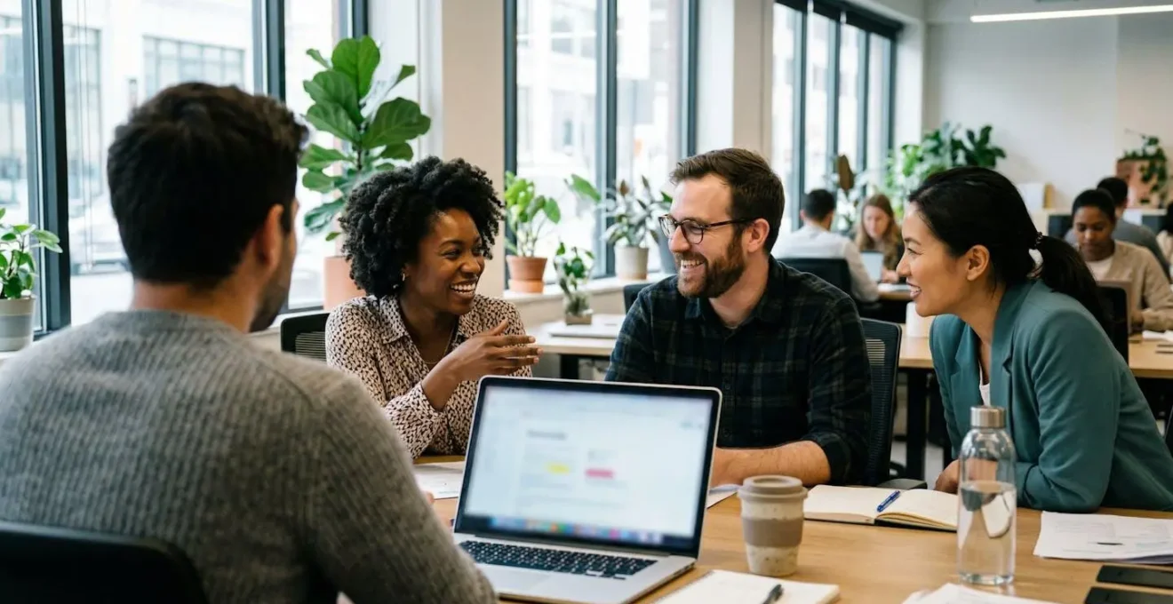 A small marketing team gathered around a laptop in a modern open office, one person pointing at a blurred screen while colleagues lean in with engaged expressions