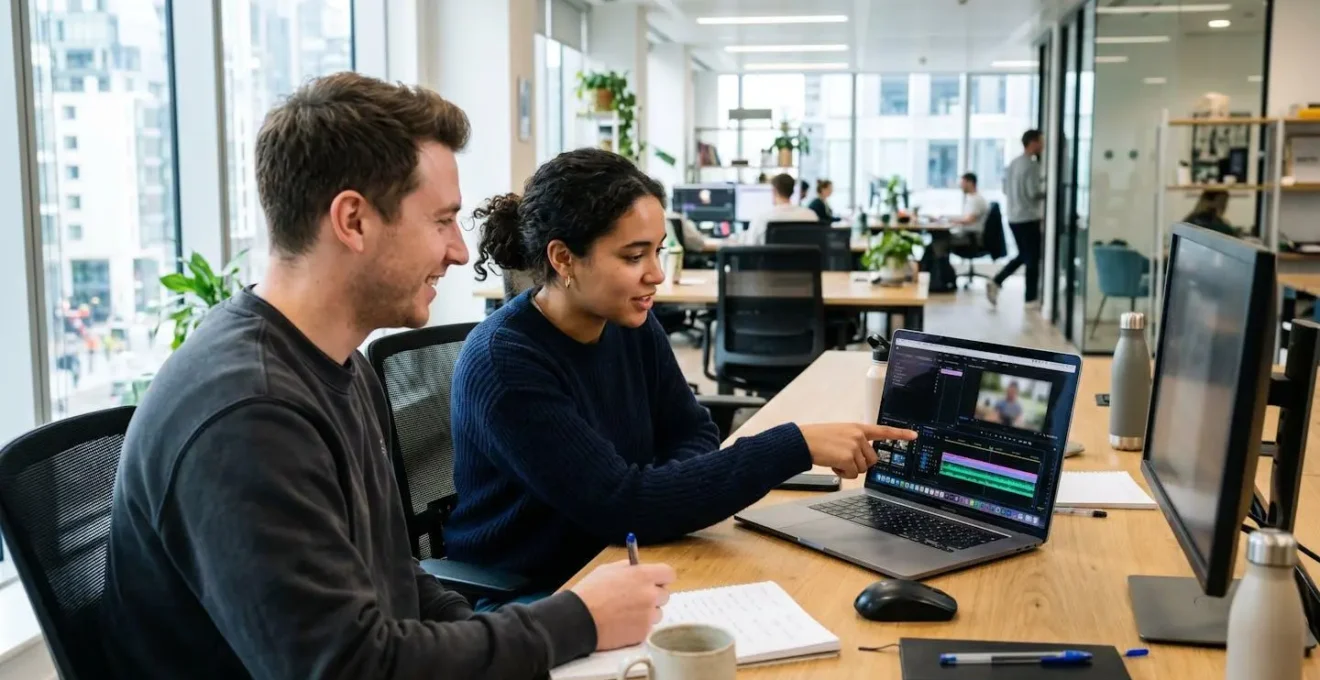Two marketing professionals sitting at a modern office desk reviewing a video with visible subtitles on a laptop screen during a collaborative work session