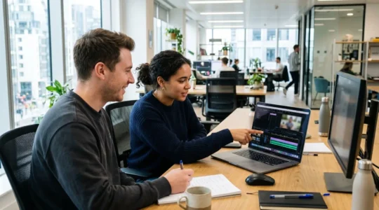 Two marketing professionals sitting at a modern office desk reviewing a video with visible subtitles on a laptop screen during a collaborative work session