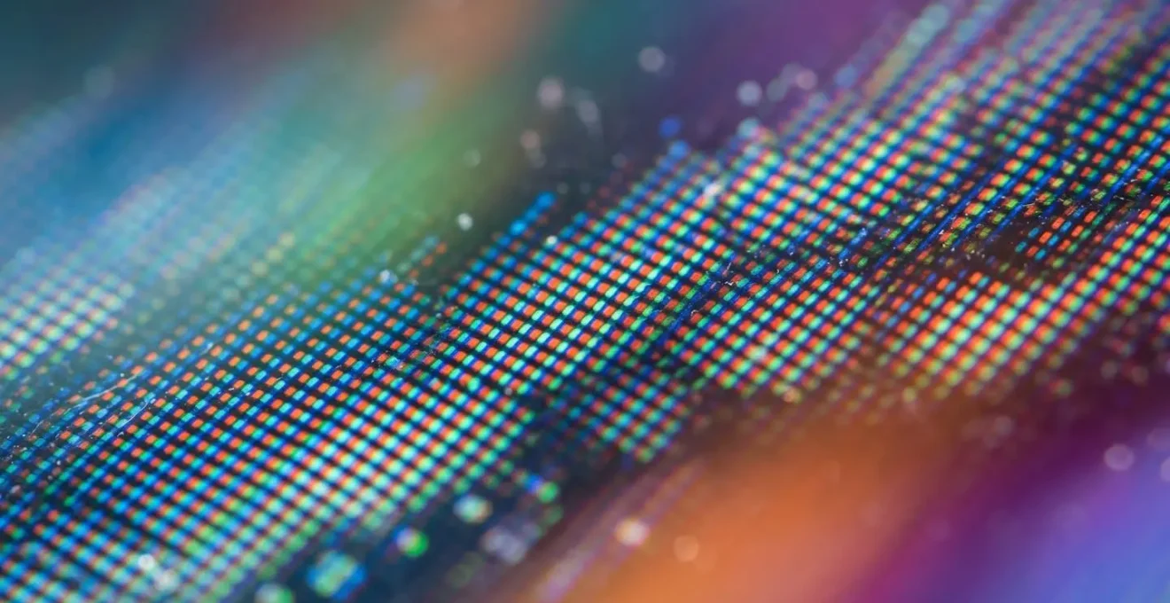 Macro shot of smartphone screen texture showing video loading indicator transitioning to static image